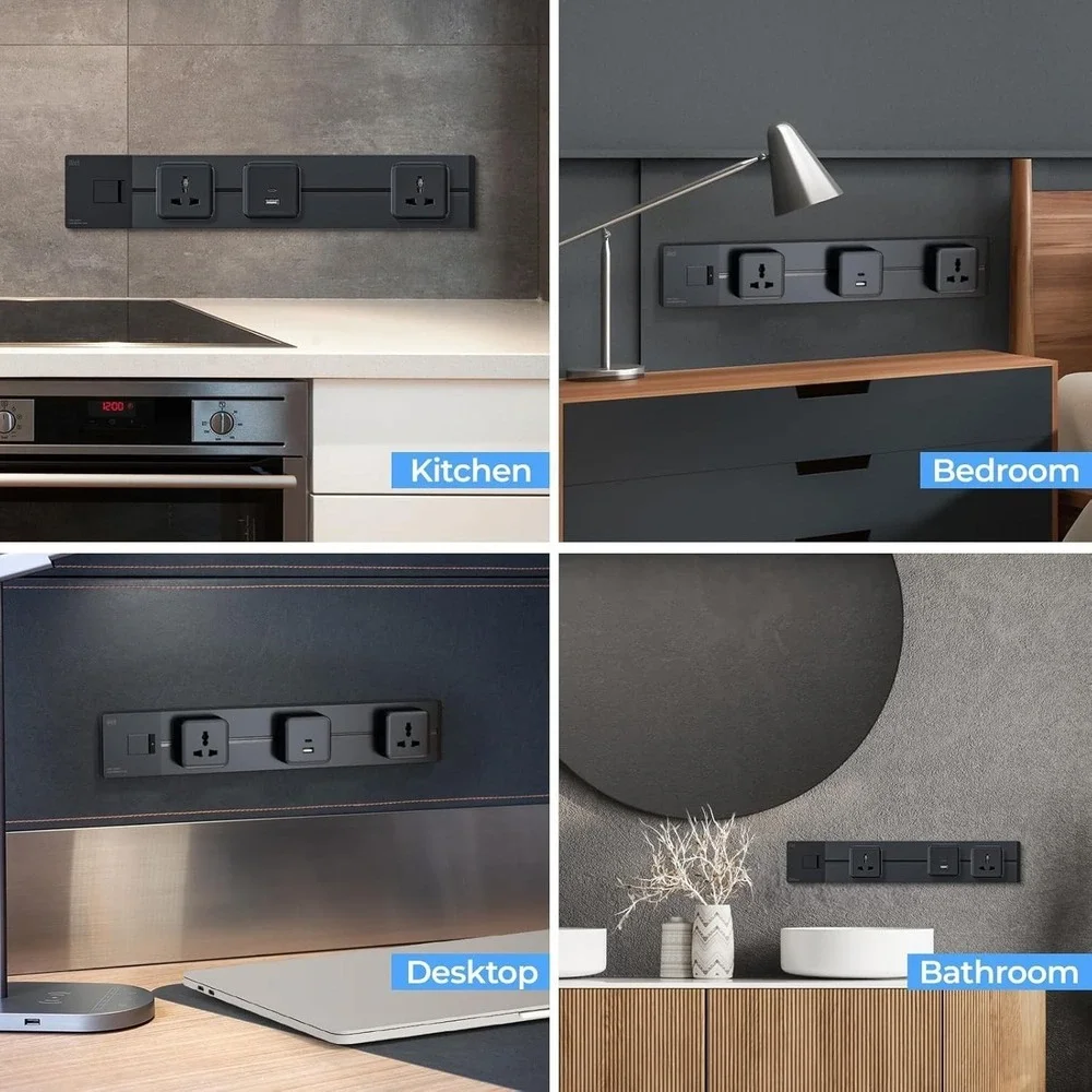 Illus 24in Power Track Socket Outlet 8000W Black Modern‎ Wall Mount USB 3 Outlet